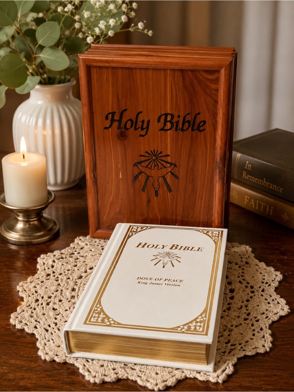 Holy Bible KJV Dove of Peace Memorial Presentation Bible Wood Display Case VFW
